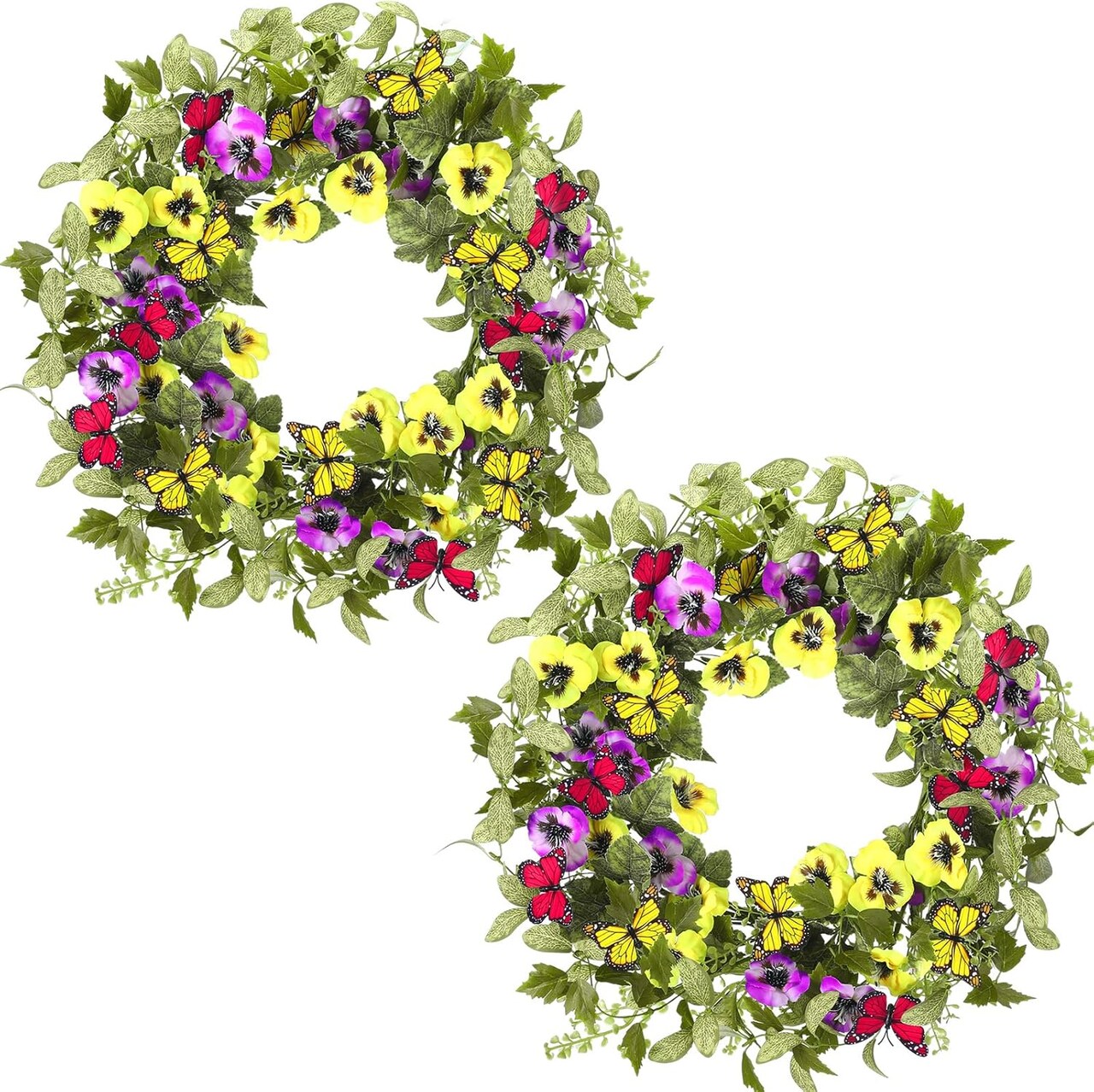 2 Pcs Summer Door Wreaths for Front Door – 22'' Artificial Yellow and Purple Pansy Wildflower Wreaths for Indoor and Outdoor Home Decor